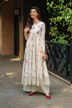 Ivory Printed Lawn Frock 3-Piece Stitched Suit with Organza Lace & Silk Dupatta | Ready To Wear
