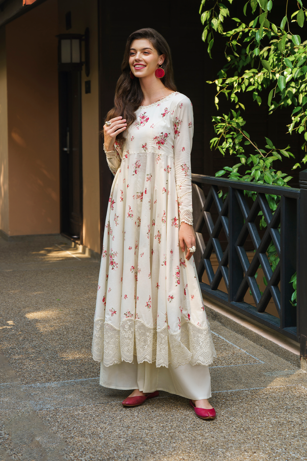Ivory Printed Lawn Frock 3-Piece Stitched Suit with Organza Lace & Silk Dupatta | Ready To Wear