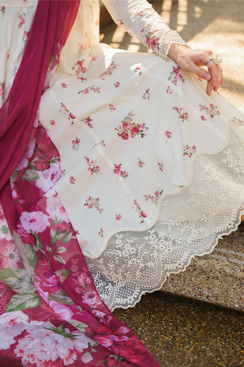 Ivory Printed Lawn Frock 3-Piece Stitched Suit with Organza Lace & Silk Dupatta | Ready To Wear