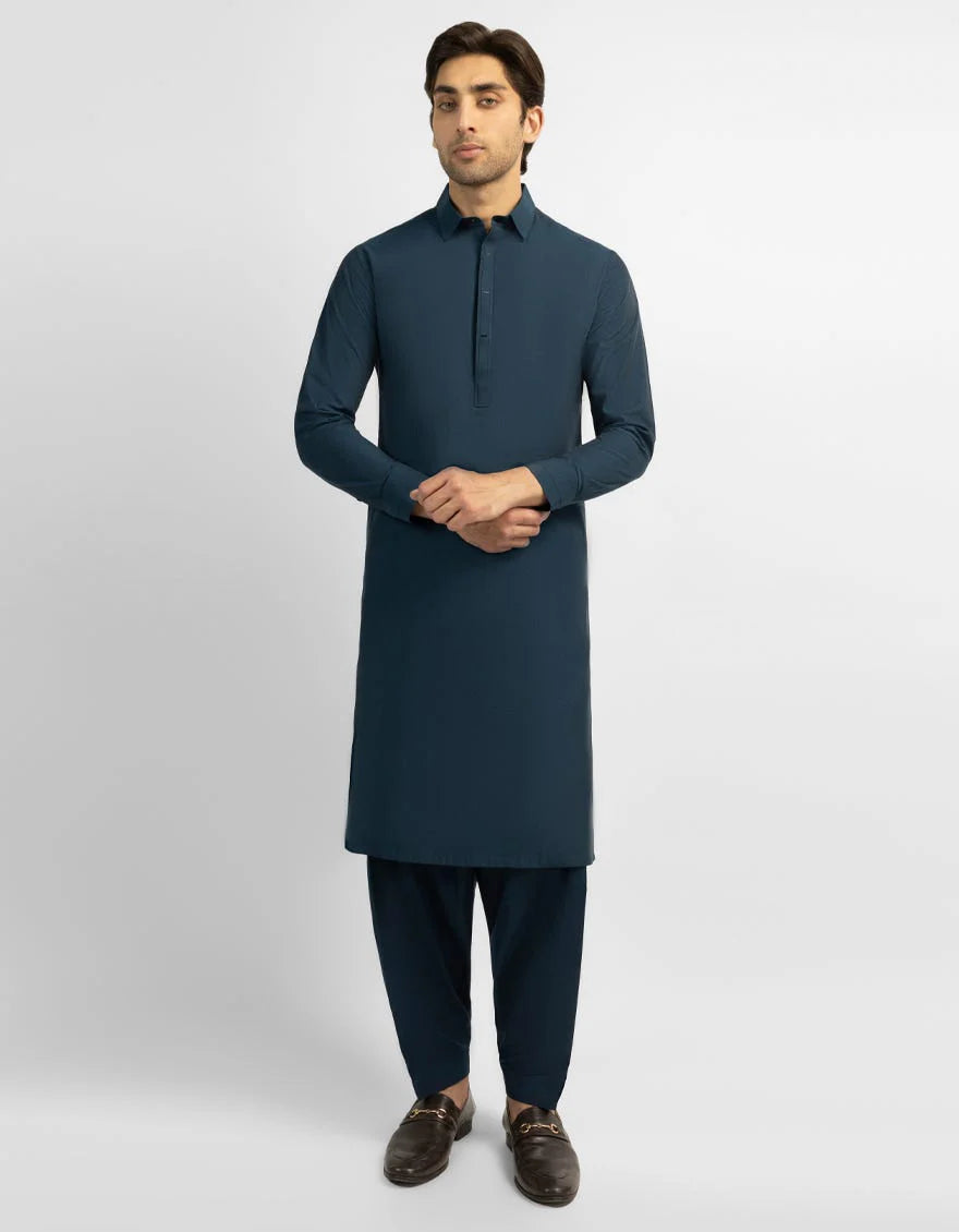 Electric Blue Blended Casual Kameez Shalwar for Men | Ready To Wear