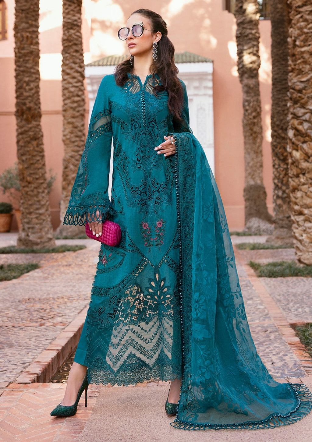 Teal Embroidered Dobby Lawn Long Shirt 3-Piece Stitched Suit with Organza Dupatta | Ready To Wear