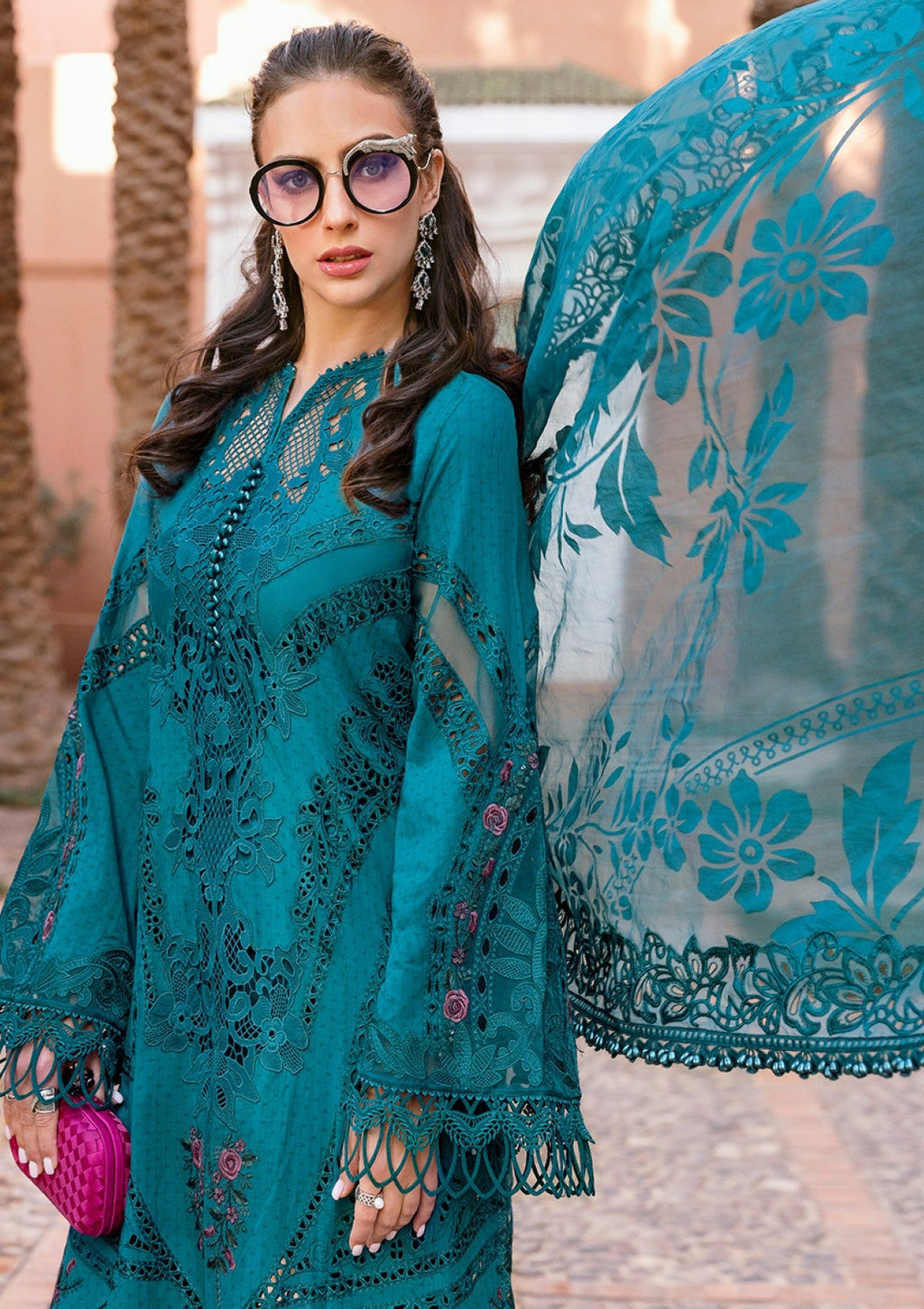 Teal Embroidered Dobby Lawn Long Shirt 3-Piece Stitched Suit with Organza Dupatta | Ready To Wear