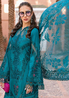 Teal Embroidered Dobby Lawn Long Shirt 3-Piece Stitched Suit with Organza Dupatta | Ready To Wear