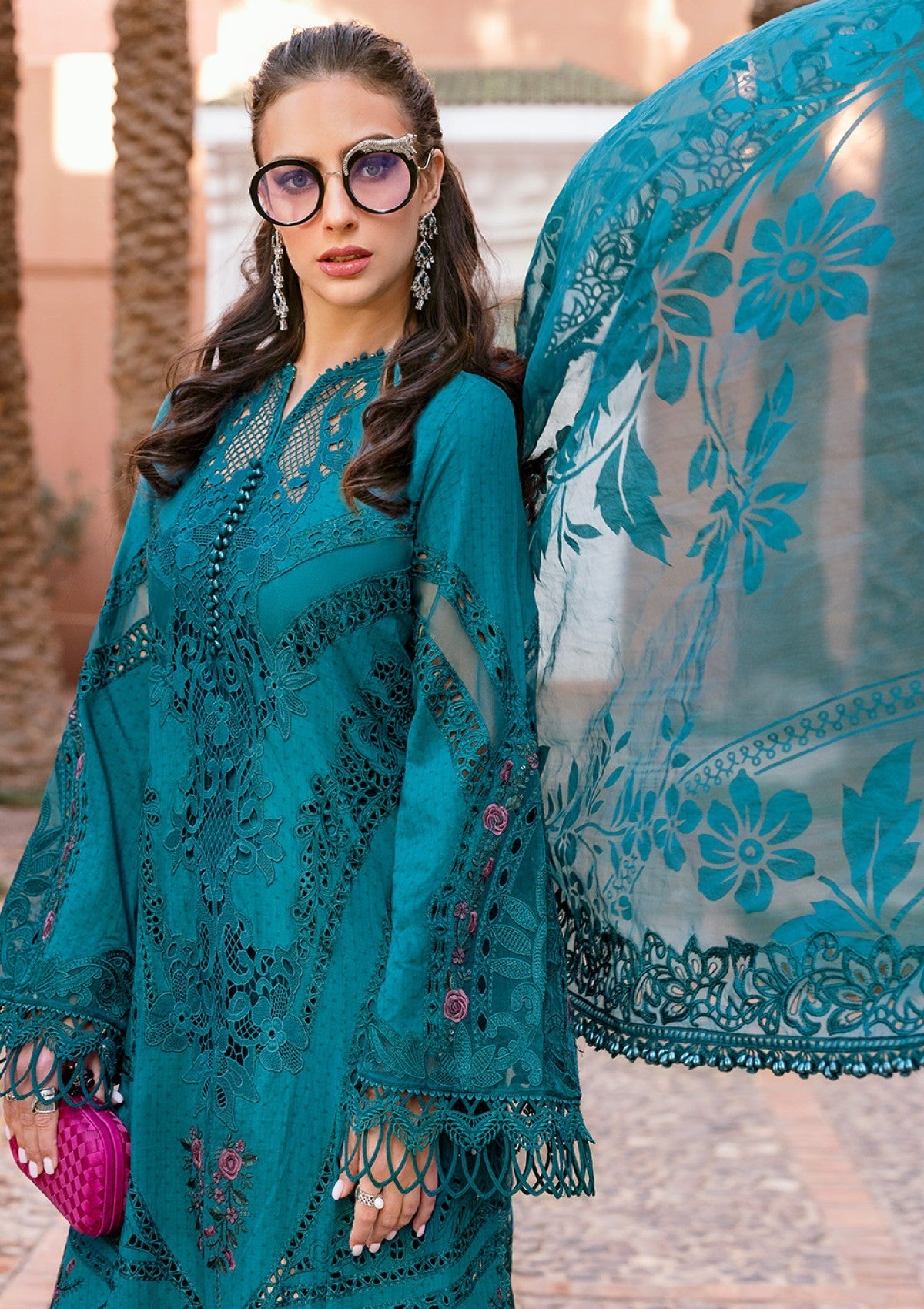 Teal Embroidered Dobby Lawn Long Shirt 3-Piece Stitched Suit with Organza Dupatta | Ready To Wear