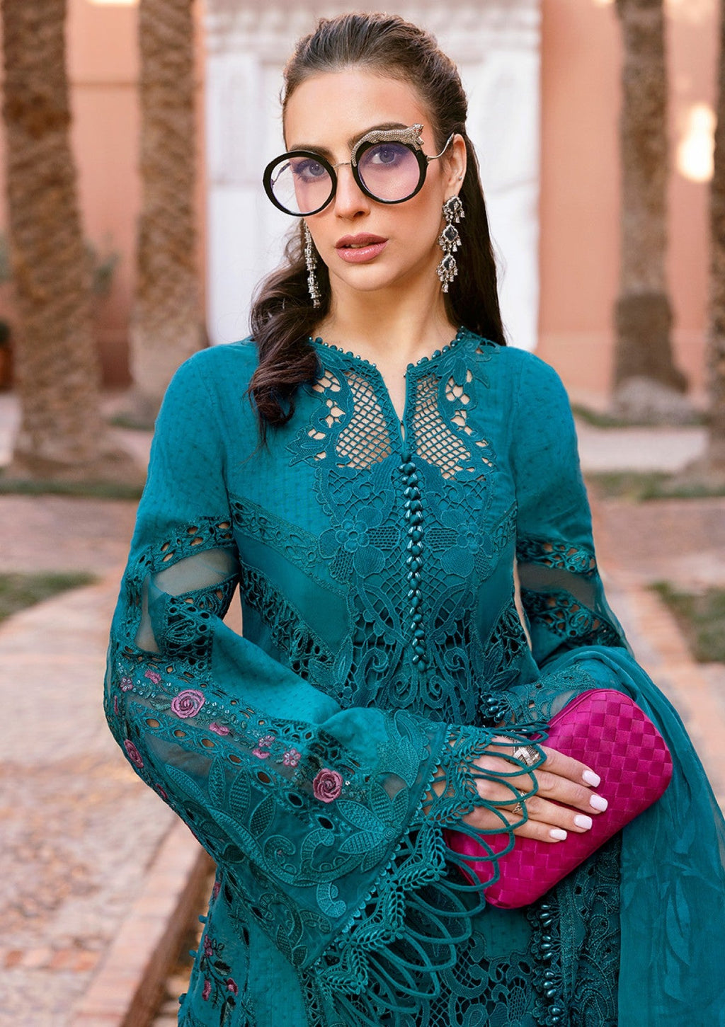 Teal Embroidered Dobby Lawn Long Shirt 3-Piece Stitched Suit with Organza Dupatta | Ready To Wear
