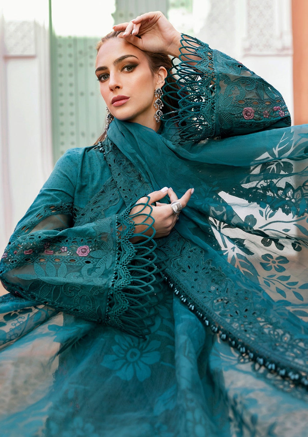 Teal Embroidered Dobby Lawn Long Shirt 3-Piece Stitched Suit with Organza Dupatta | Ready To Wear