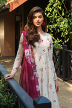 Ivory Printed Lawn Frock 3-Piece Stitched Suit with Organza Lace & Silk Dupatta | Ready To Wear