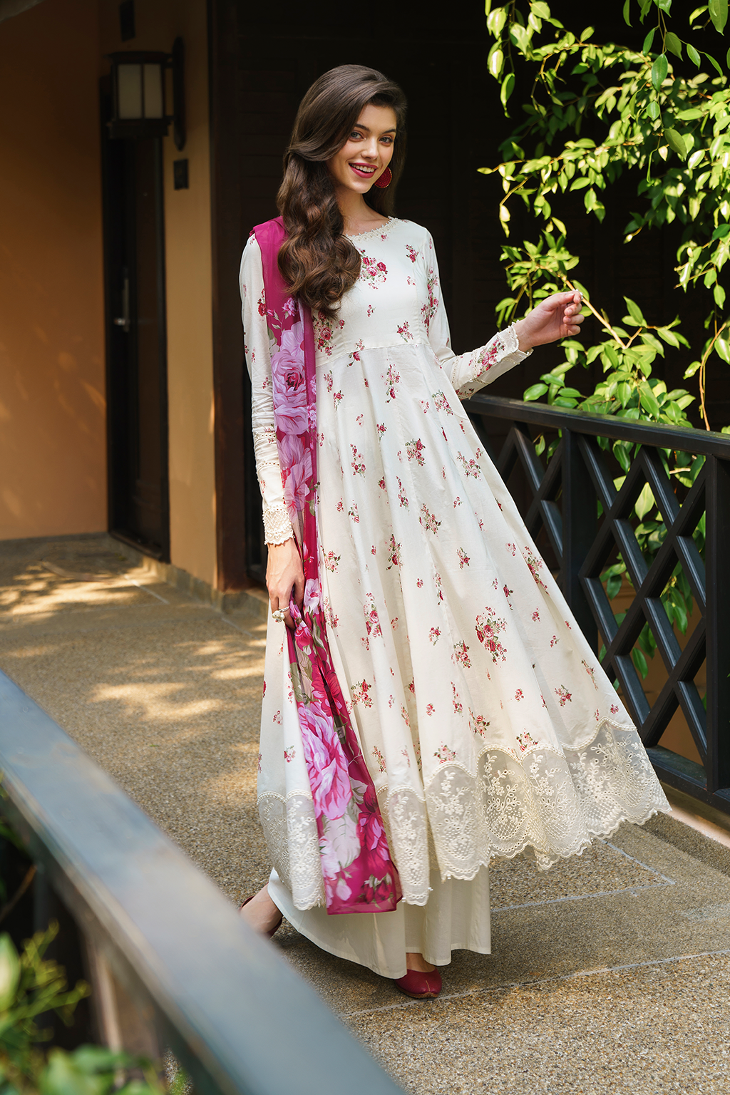 Ivory Printed Lawn Frock 3-Piece Stitched Suit with Organza Lace & Silk Dupatta | Ready To Wear