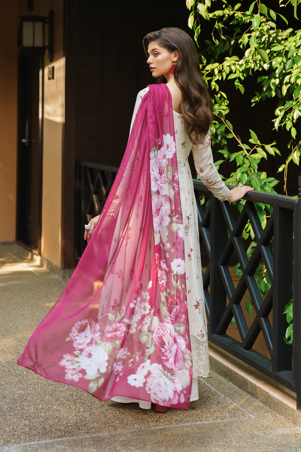 Ivory Printed Lawn Frock 3-Piece Stitched Suit with Organza Lace & Silk Dupatta | Ready To Wear