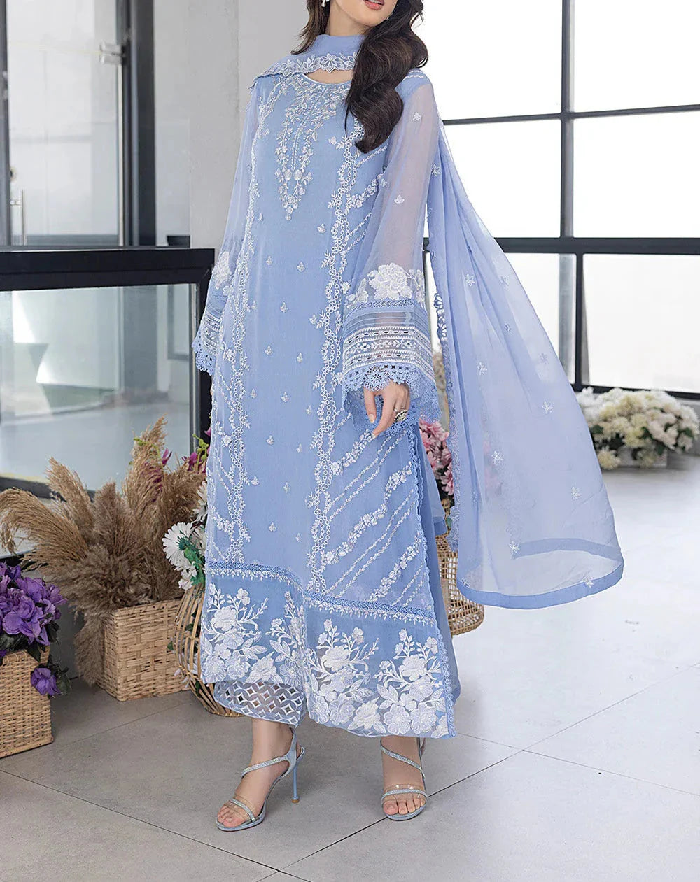 03 Piece Stitched Organza Full Embroidered Suit - Ready To Wear