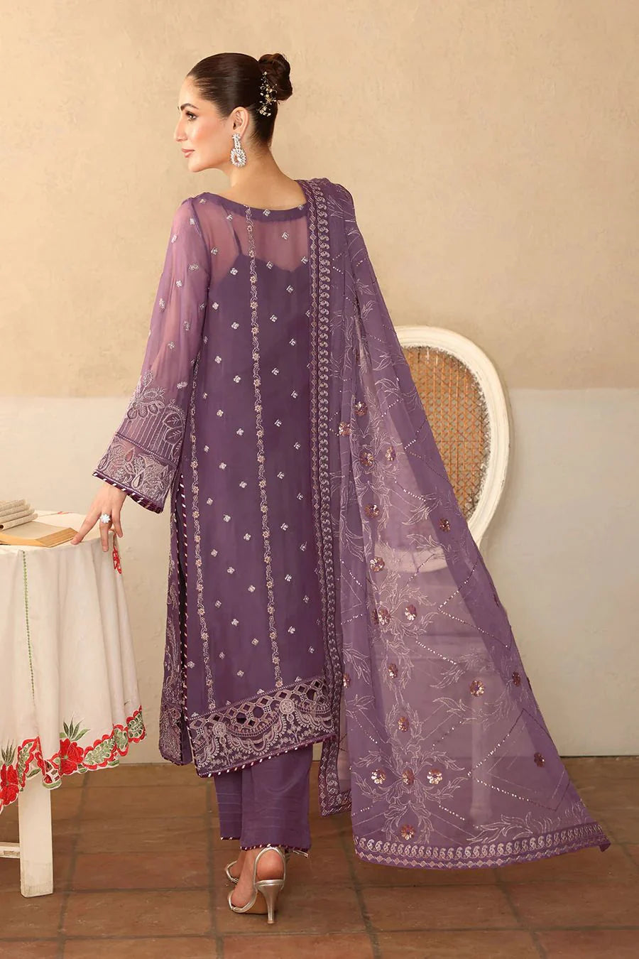 03 Piece Stitched Embroidered Chiffon Dress - Ready To Wear