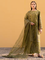 Heavy Thread Embroidered Cotton & Khaddi Net 3-Piece Stitched Suit with Organza Details | Ready To Wear