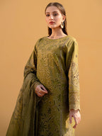 Heavy Thread Embroidered Cotton & Khaddi Net 3-Piece Stitched Suit with Organza Details | Ready To Wear