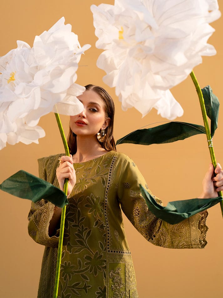 Heavy Thread Embroidered Cotton & Khaddi Net 3-Piece Stitched Suit with Organza Details | Ready To Wear