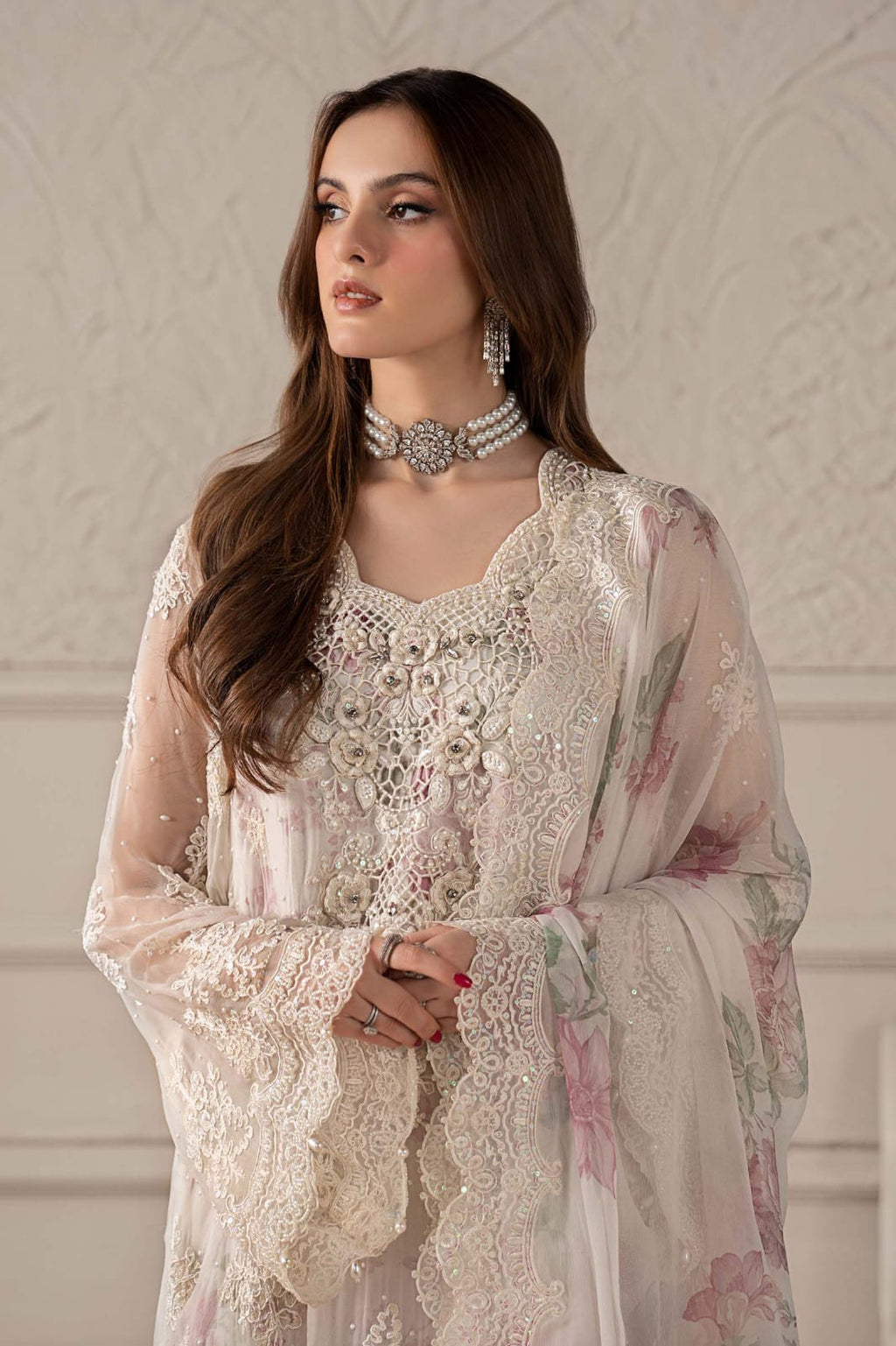 Embroidered Chiffon 3-Piece Stitched Suit with Adda Handwork & Digital Silk Dupatta | Ready To Wear