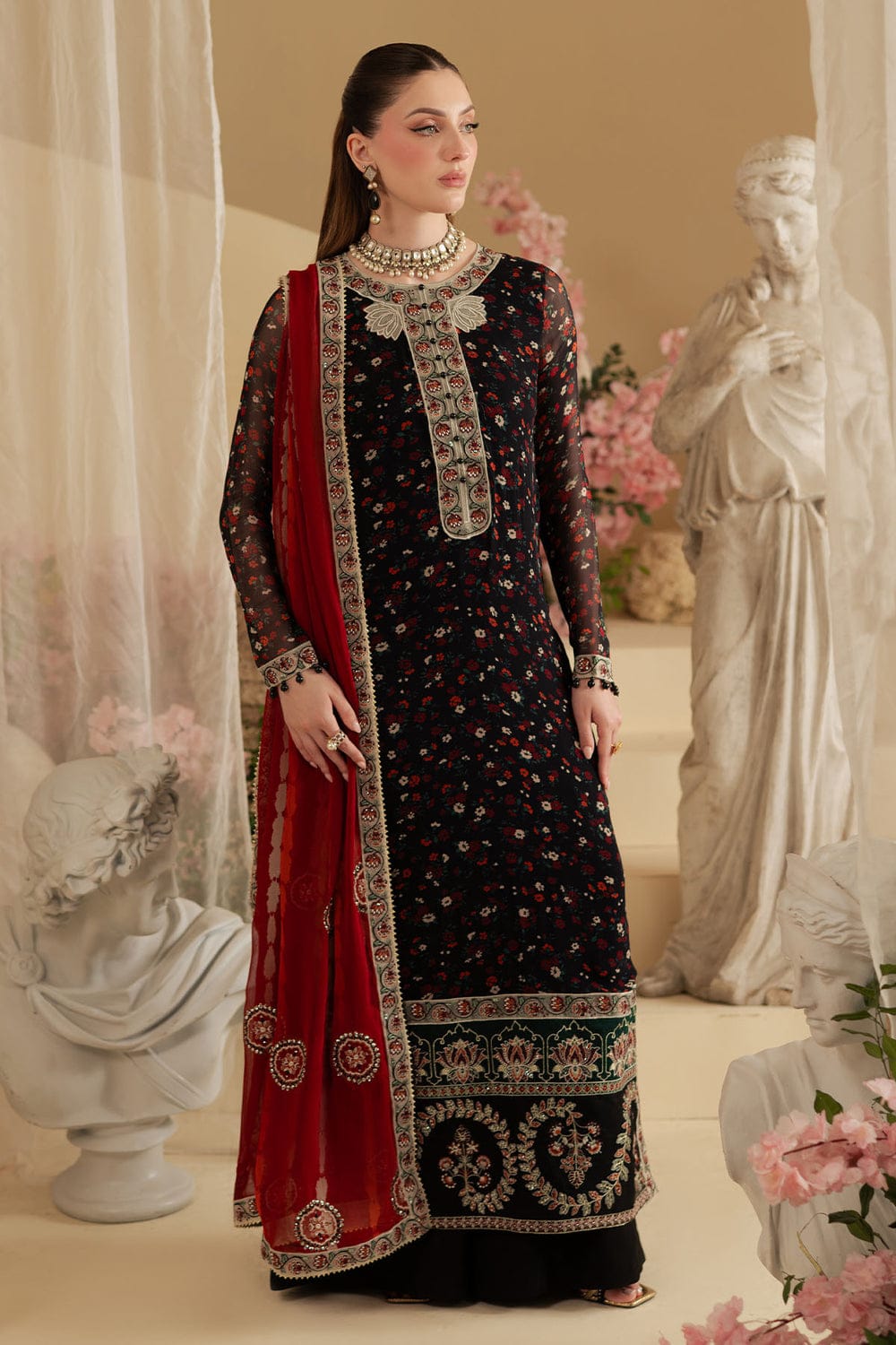 Printed Chiffon 3-Piece Stitched Suit with Raw Silk Embroidered Details & Chiffon Dupatta | Ready To Wear