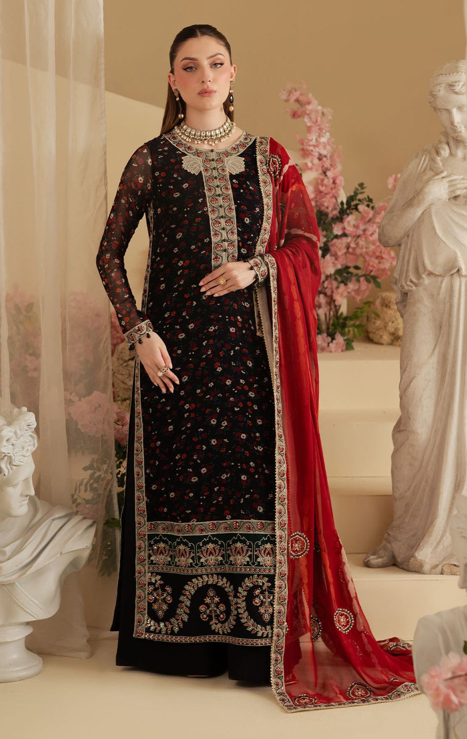 Printed Chiffon 3-Piece Stitched Suit with Raw Silk Embroidered Details & Chiffon Dupatta | Ready To Wear