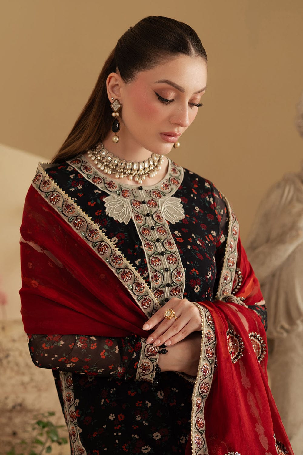 Printed Chiffon 3-Piece Stitched Suit with Raw Silk Embroidered Details & Chiffon Dupatta | Ready To Wear