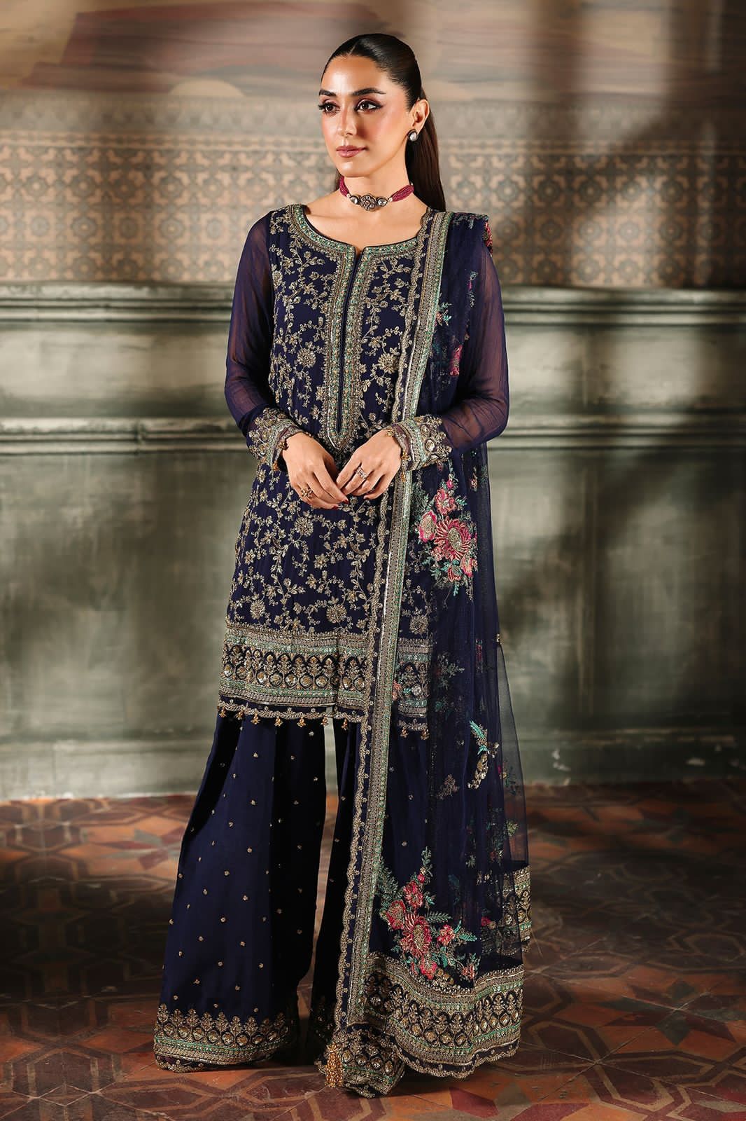 Embroidered Chiffon 3-Piece Stitched Suit with Organza Details & Silk Trouser | Ready To Wear