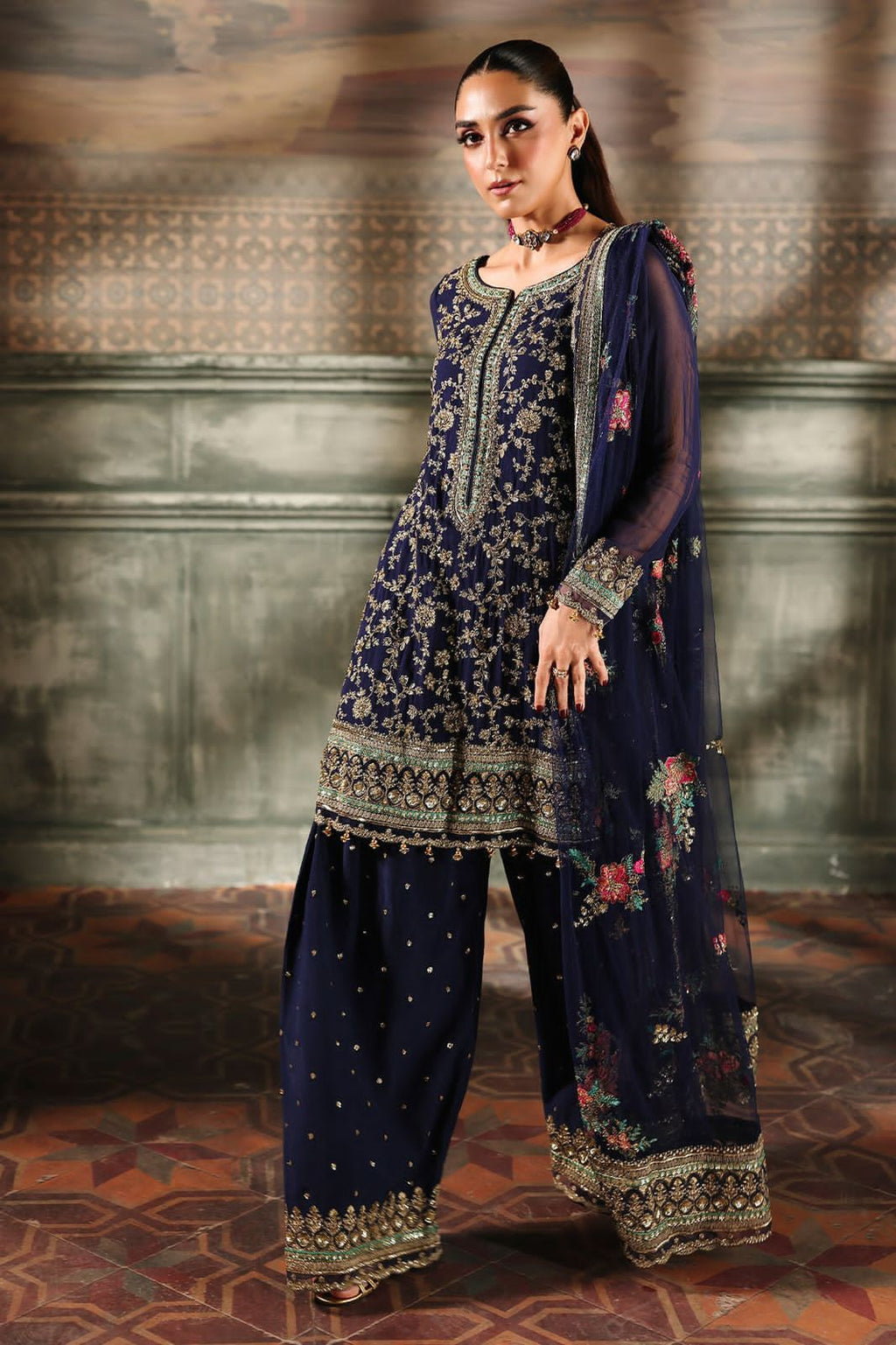 Embroidered Chiffon 3-Piece Stitched Suit with Organza Details & Silk Trouser | Ready To Wear