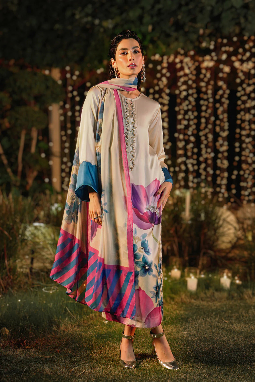 Digital Print Shamoz Silk 3-Piece Stitched Suit with Stone Work & Handwork | Ready To Wear