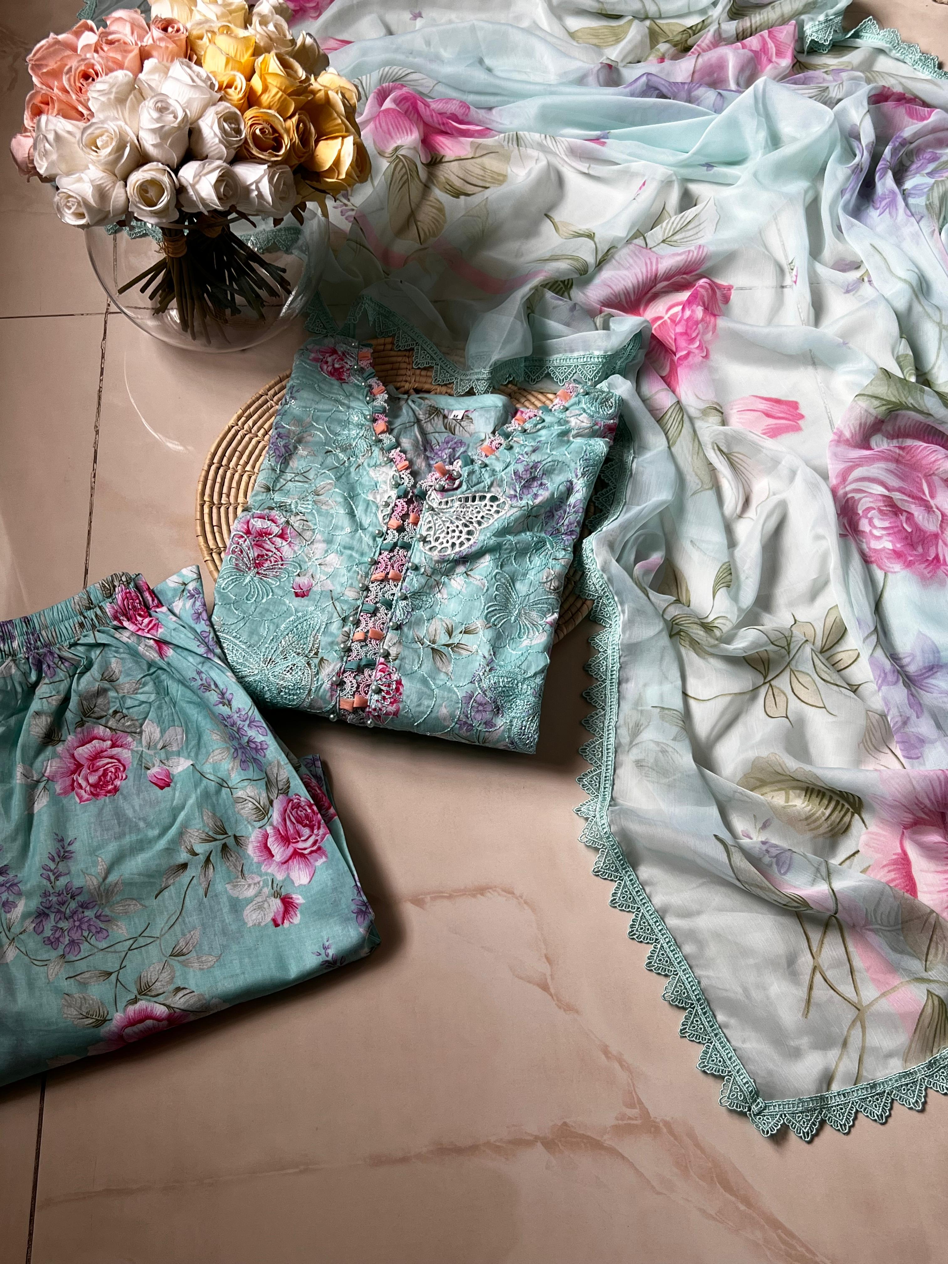 Heavy Chikan Kari Embroidered Lawn 3-Piece Stitched Suit with Chiffon Dupatta | Ready To Wear