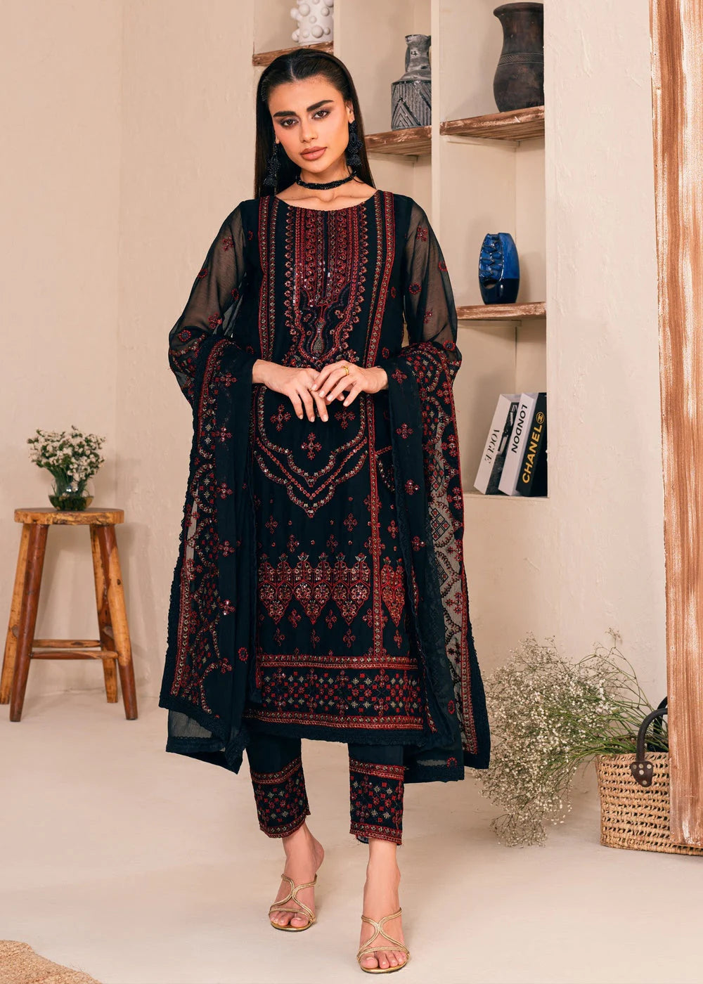 03 Piece Stitched Chiffon Embroidery Suit - Ready To Wear
